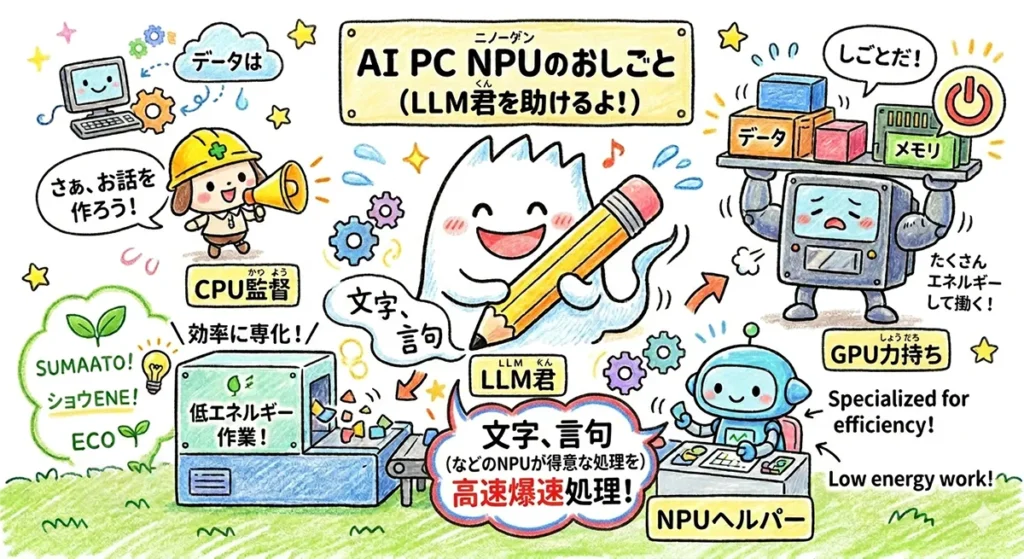 AI PC NPUのおしごと(CPU・GPU・NPU・LLMの役割分担イメージ図)