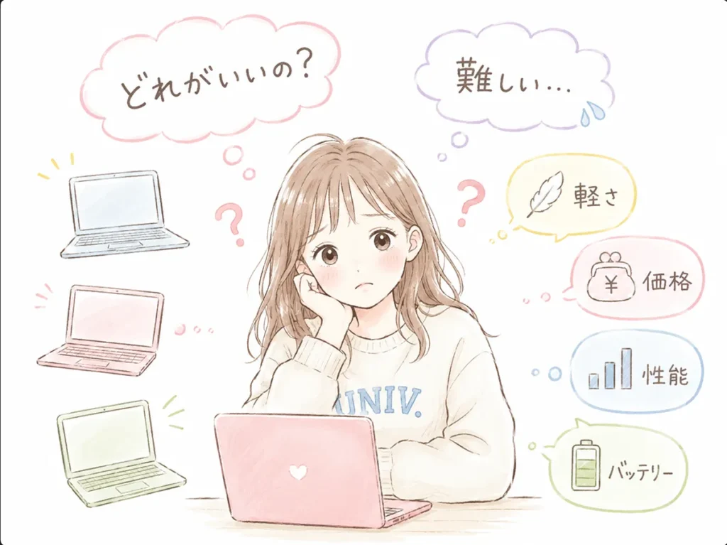 パソコン選びに迷っている女子大生